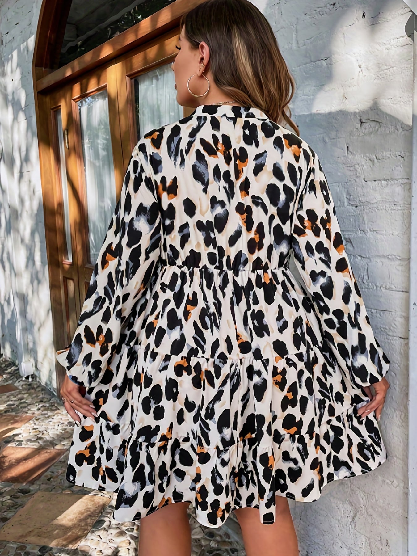 Leopard Print Lantern Sleeve A-line Dress
