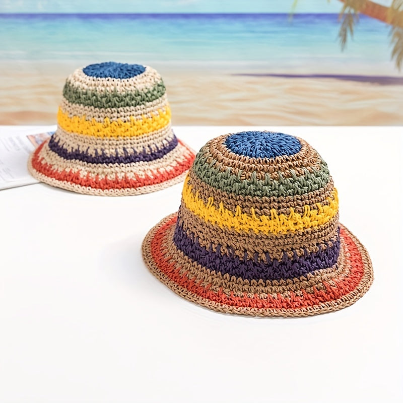 Girls' Straw Beach Bucket Hat Sun Protection Big Brim, Summer