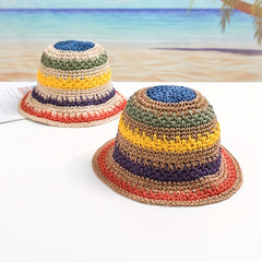 Girls' Straw Beach Bucket Hat Sun Protection Big Brim, Summer