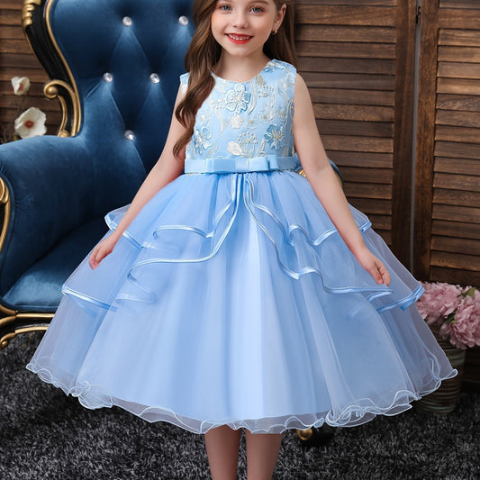 Girls Princess Dress Sleeveless Flower Embroidery Mesh Tutu Dress