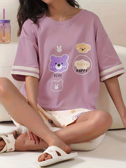 Animal Print Pajamas Set Short Sleeve Crew Neck Top & Shorts Pj Set