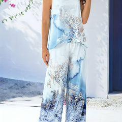 Marble Print 2pc Set Sleeveless Top & Wide Leg Pants Womens Outfit