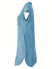 Solid Lapel Denim Dress Short Sleeves Single Breasted Button Denim Dress