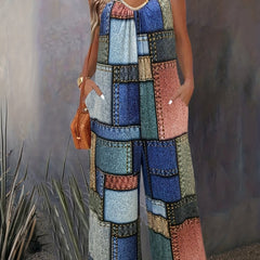 Denim Print Wide Leg Jumpsuit Casual Sleeveless Jumpsuit