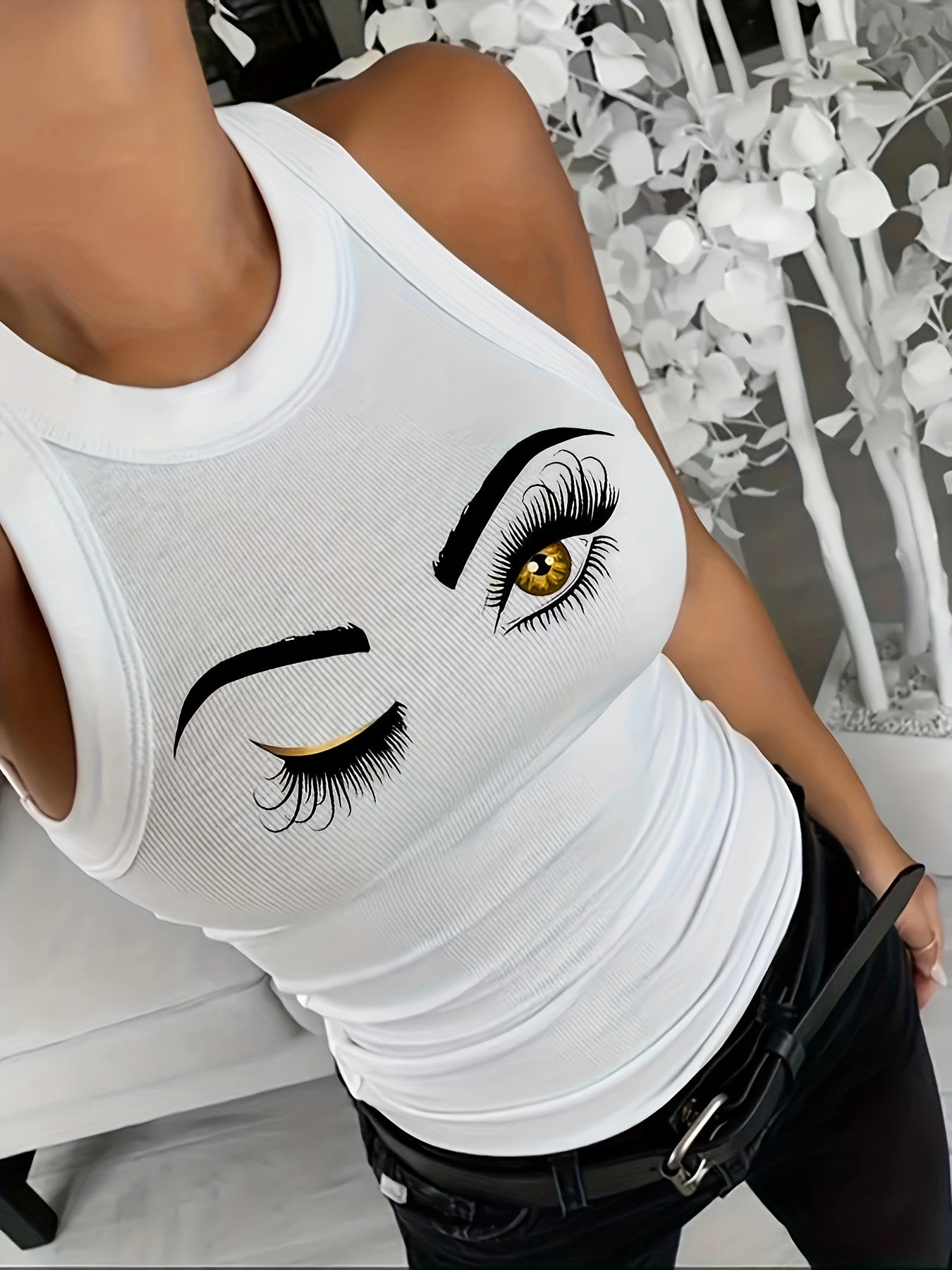 Eye Print Ribbed Tank Top Sleeveless Summer Casual Top