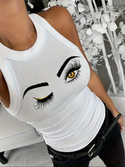Eye Print Ribbed Tank Top Sleeveless Summer Casual Top