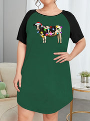 Christmas Nightdress String Lights & Cow Print Raglan Tee Sleep Dress
