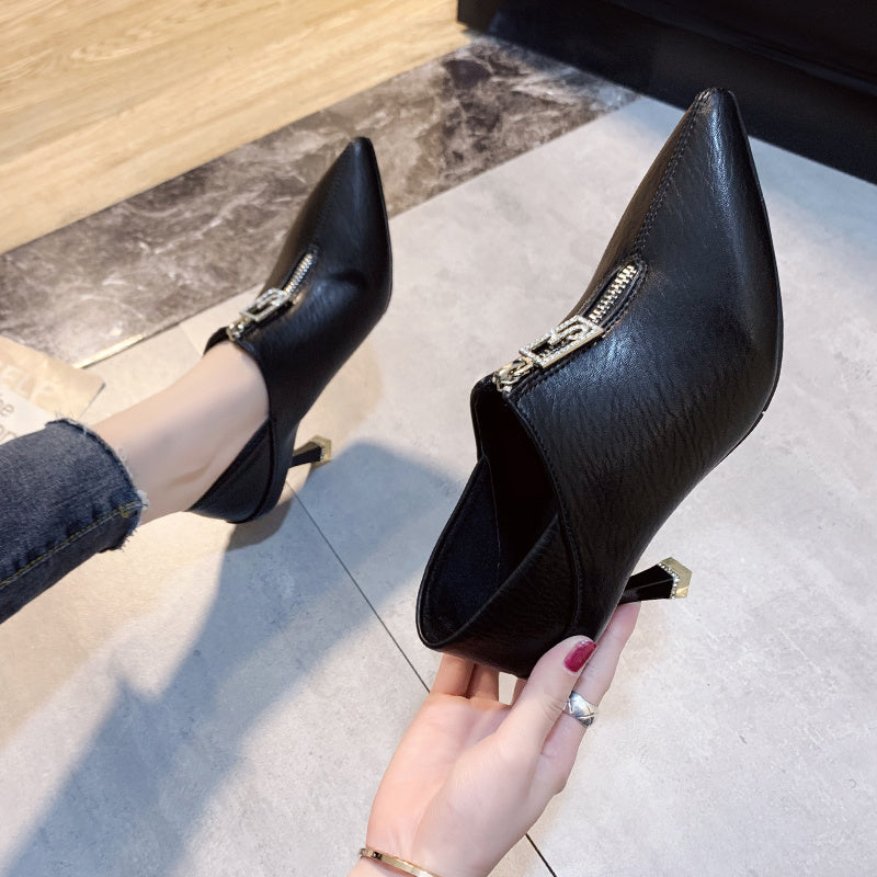 Zip Decor Point Toe High Heel Pumps
