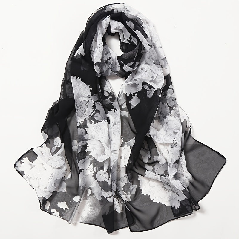 Chiffon Flower Print Soft Wrap Scarf Long Silk Shawl