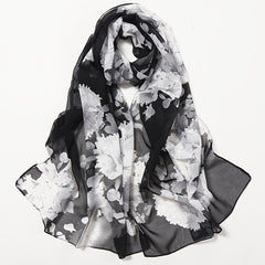 Chiffon Flower Print Soft Wrap Scarf Long Silk Shawl