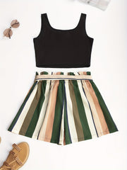 Spring & Summer Two piece Set Tank Top & Striped Print Shorts