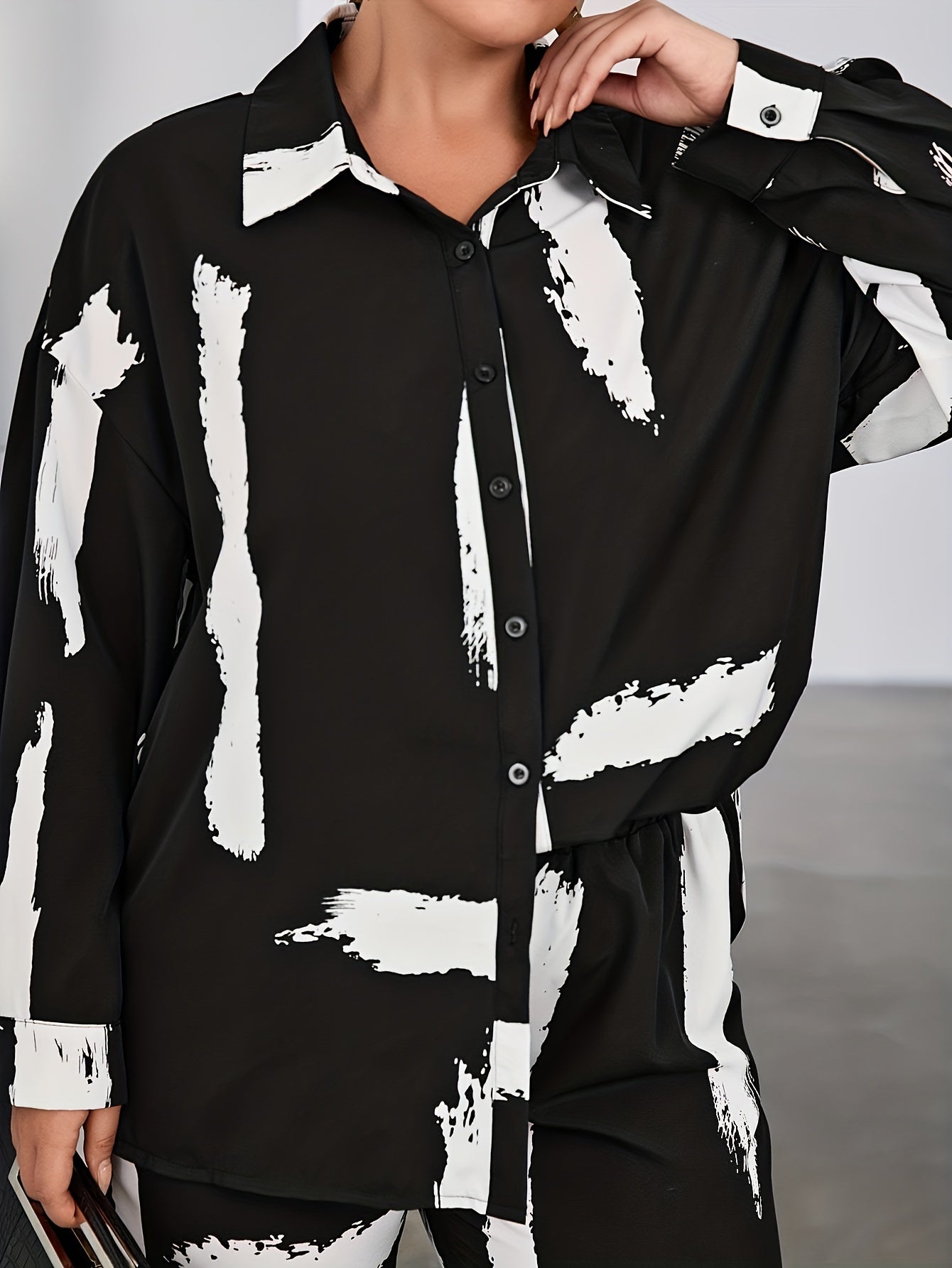 Women's Plus Brush Print Shirt & Loose Pants Outfit Set