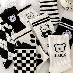 10 Pairs Bear & Plaid Print Mid Tube Socks Women's Stockings