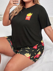 French Fries Print Tee & Bow Front Shorts Pajamas Set
