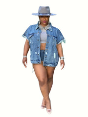 Raw Trim Denim Jackets Short Sleeves Ripped Holes Lapel Versatile Denim Coats