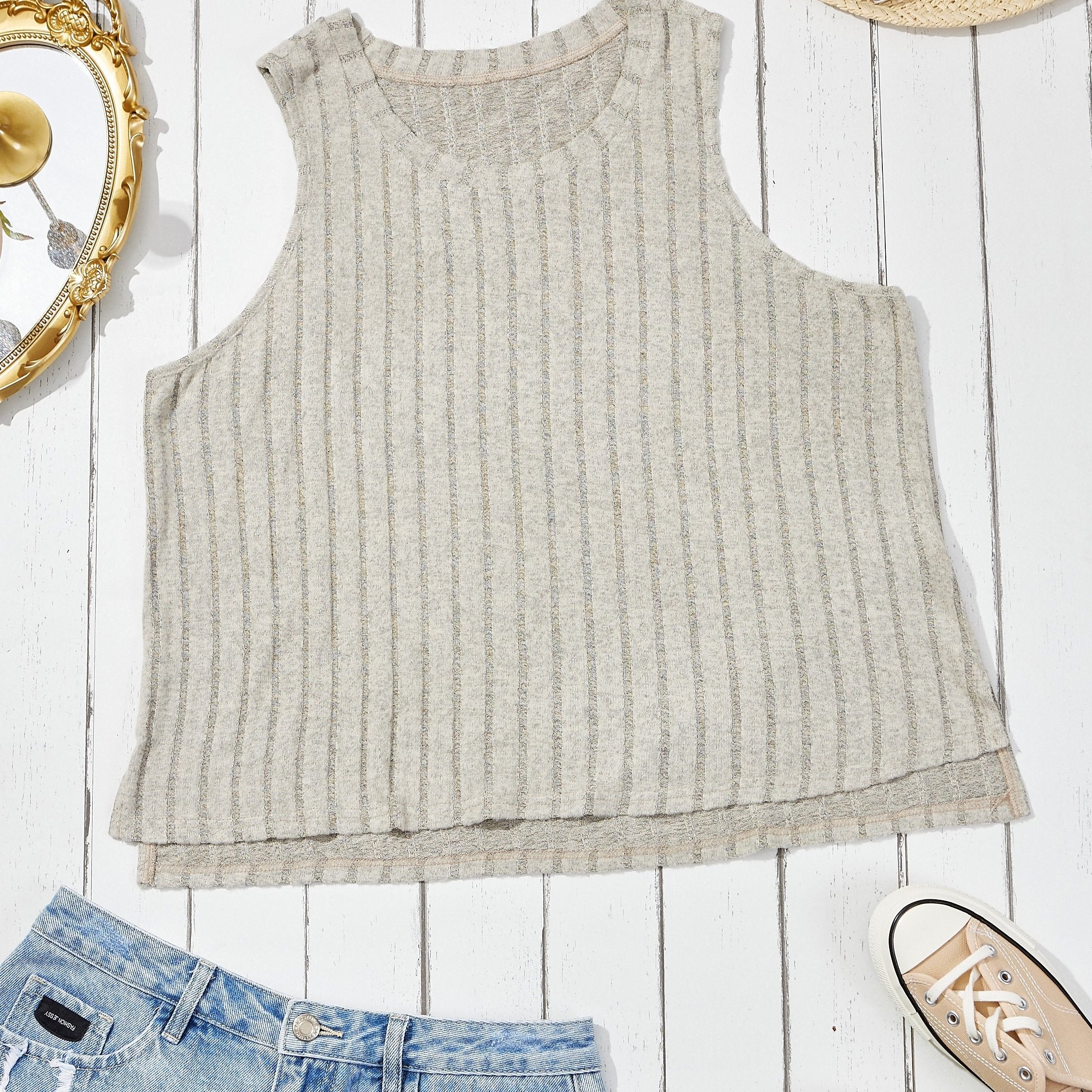 Ribbed Tank Top Solid Color Round Neck Summer Sleeveless Tee