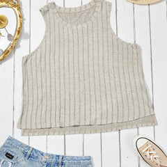 Ribbed Tank Top Solid Color Round Neck Summer Sleeveless Tee