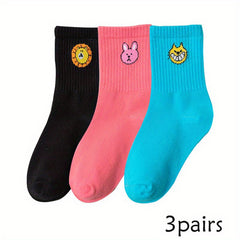 3 Pairs Girls Cartoon Pattern Socks Candy Breathable Comfy Children's Socks