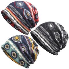 Boho Vintage Print Beanie Cap Elastic Skull Lightweight Warm Headwear