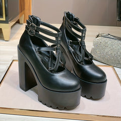 Closed Toe Buckle Strap Platform Pumps Solid Heels