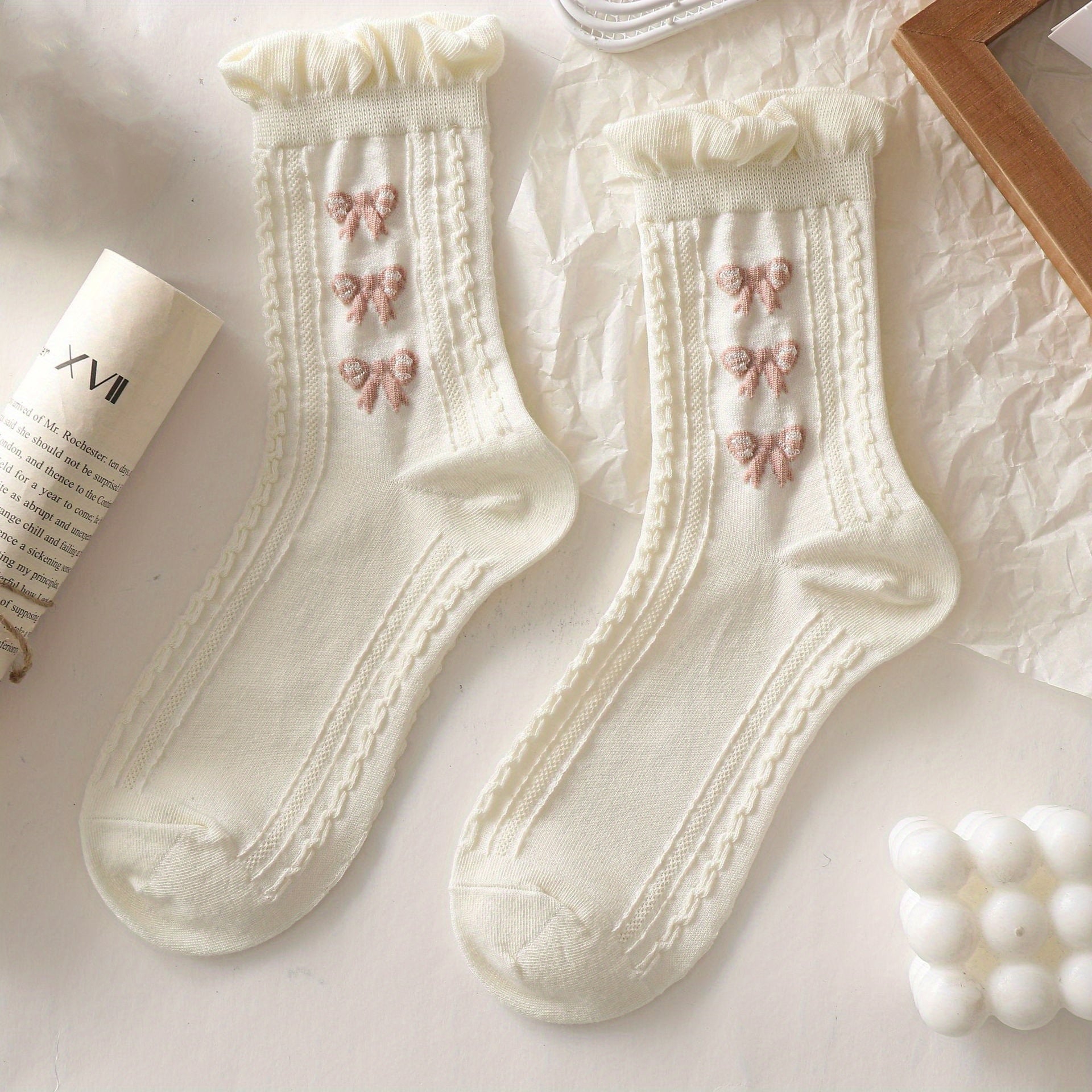 Thin Bow & Flower Pattern Socks Breathable Ruched Trim Mid Tube Women's Stocking