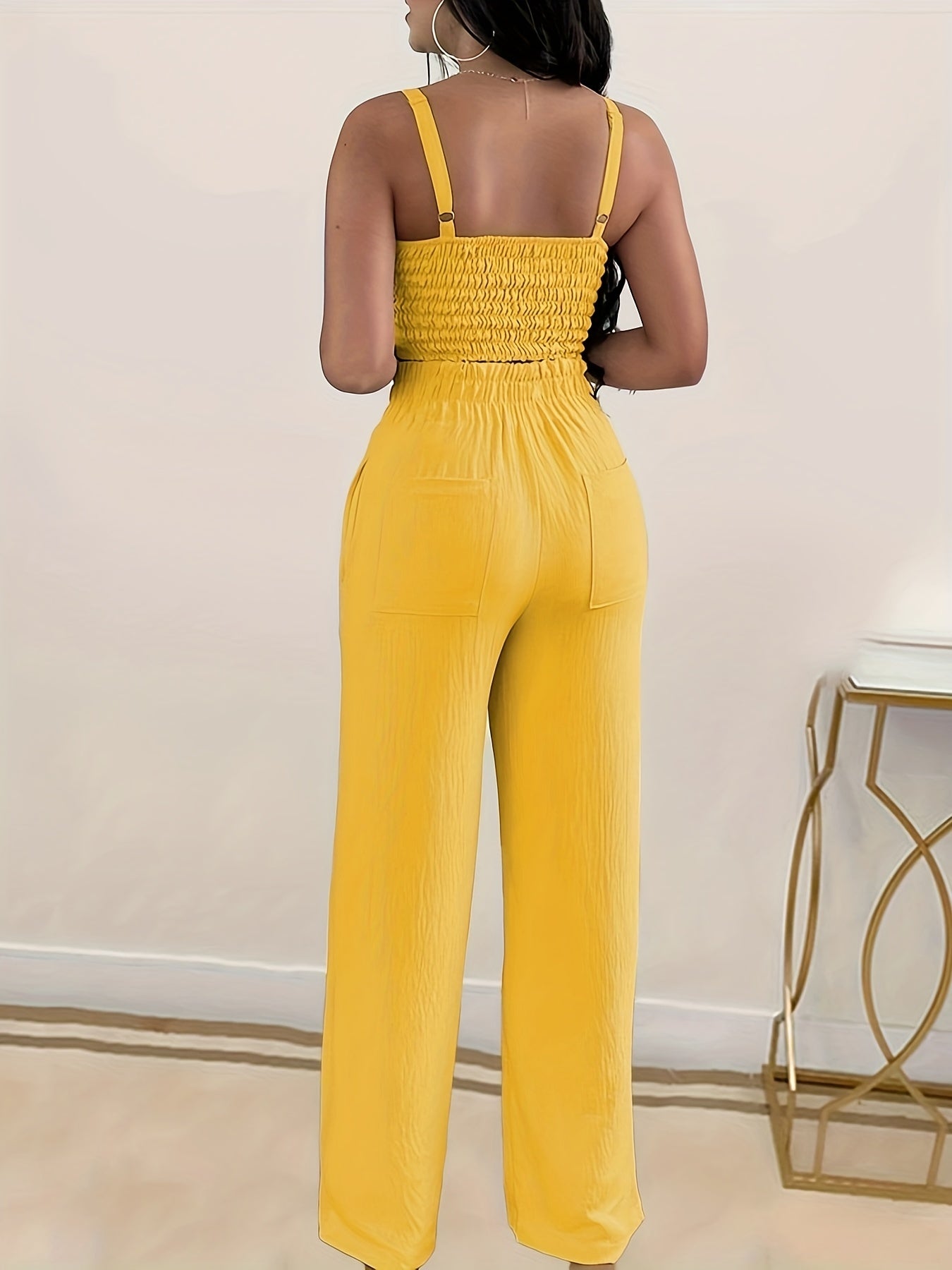 Solid Two piece Set V neck Shirred Crop Cami Top & Tie Waist Pants