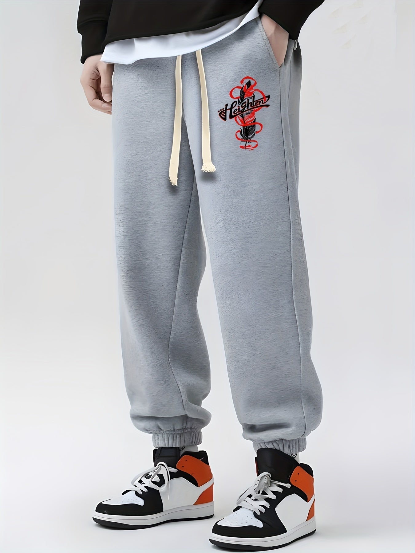 Feather Print Drawstring Sweatpants Loose Fit Pants Men's Casual Joggers