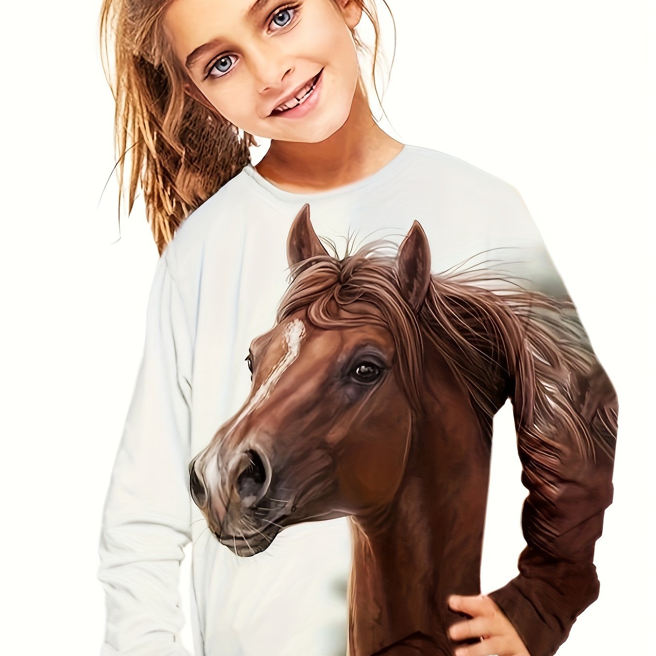 Girls Casual Pony Graphic Crew Neck Long Sleeve T shirt Spring Fall Gift
