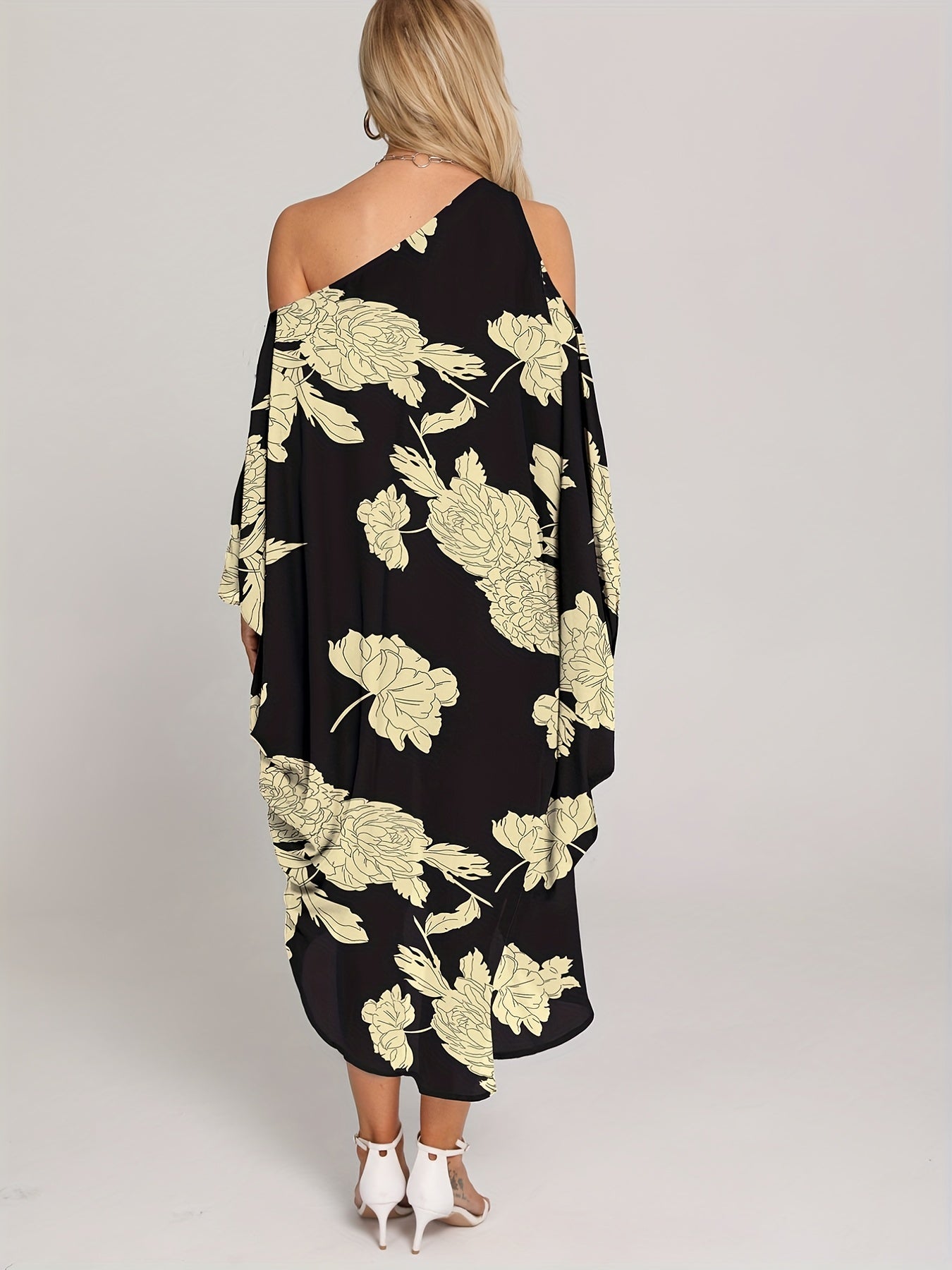 Floral Print Cover Up Dress One Shoulder Asymmetrical Beachwear Kaftan