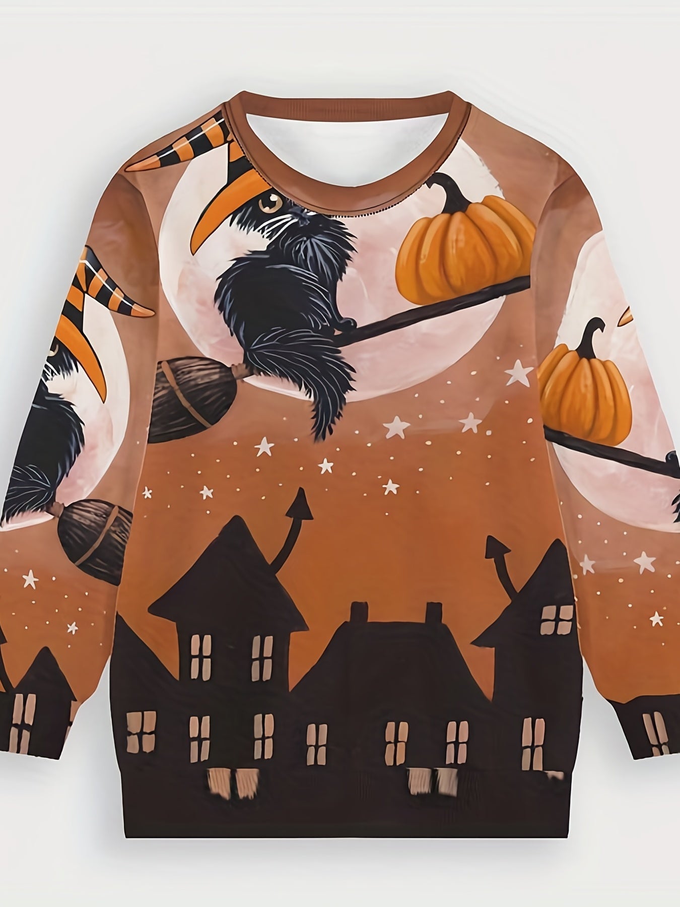 Halloween Witch Cat & Pumpkin Print Sweatshirt