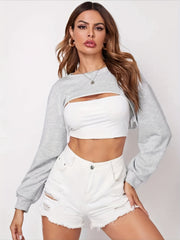 Women's Casual Loose Crop Long Sleeve Sweatshirts Crew Neck Crop Tops