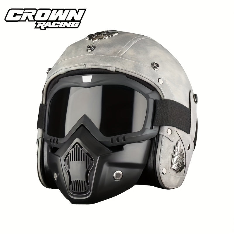 Crown Racing Retro Motorcycle Safety Men's Open Helmet with Mask