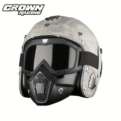 Crown Racing Retro Motorcycle Safety Men's Open Helmet with Mask