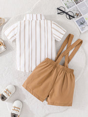 Toddler Boys Striped Bow Tie Shirt Overalls 2pcs Set