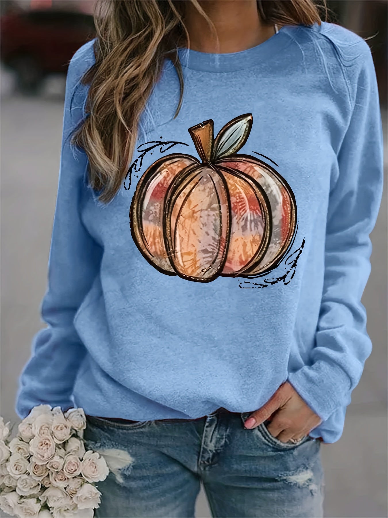 Halloween Pumpkin Print Sweatshirt Long Sleeve Crew Neck Women's Clothing