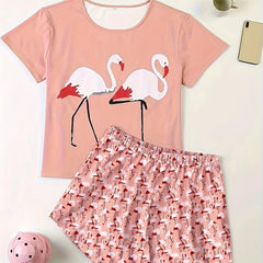 Flamingo Print Pajama Set Short Sleeve Top & Shorts Two Piece