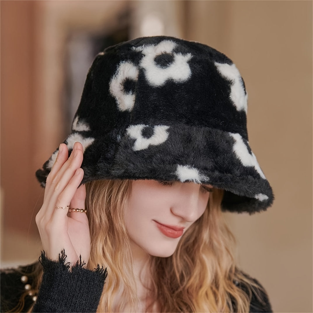 Winter Faux Fur Bucket Hat Flowers Floral Fluffy Fisherman Caps For Women