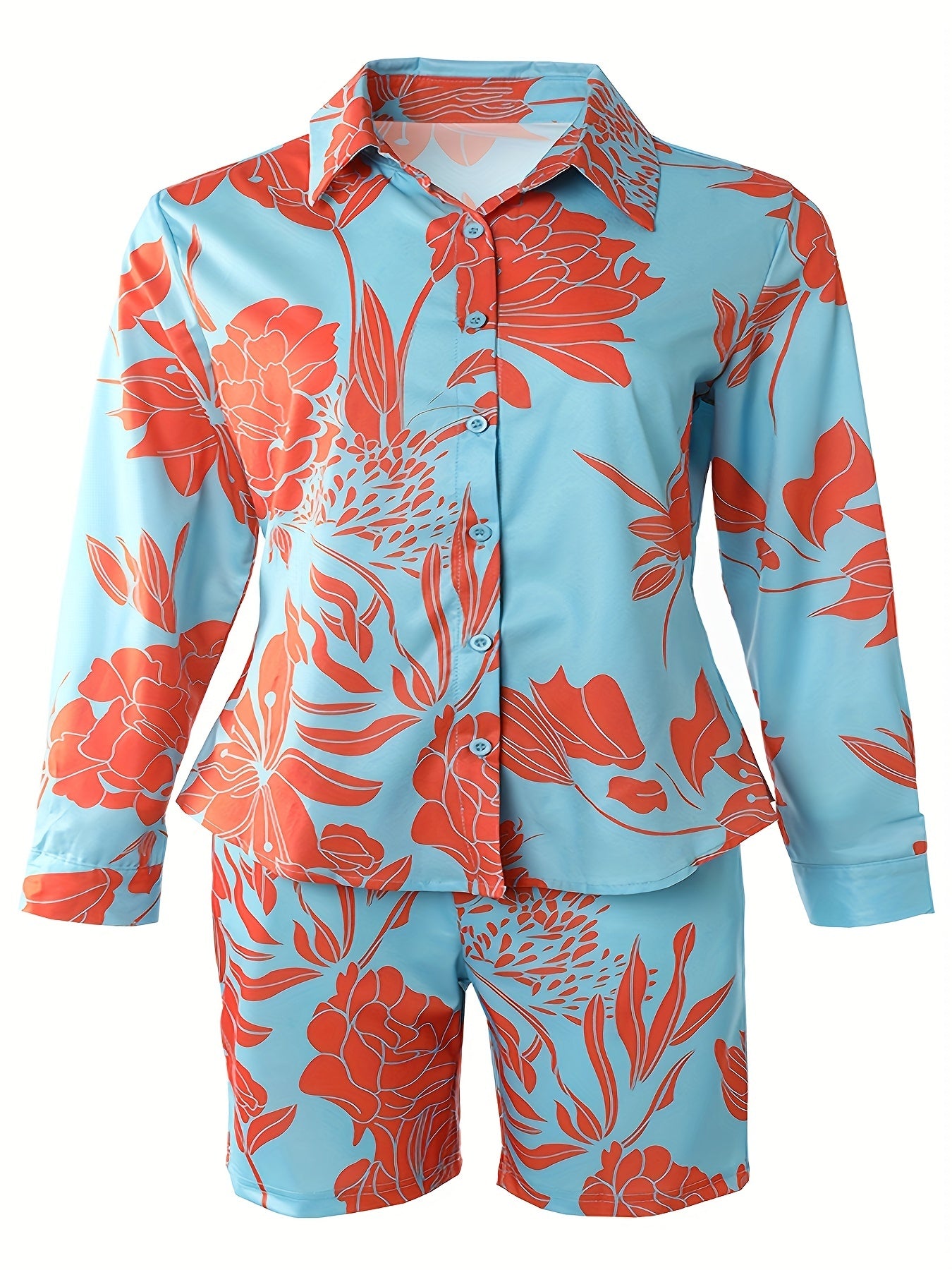 Women's Plus Floral Print Long Sleeve Blouse & Shorts Outfits Set