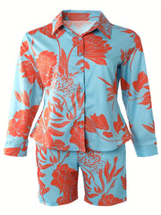 Women's Plus Floral Print Long Sleeve Blouse & Shorts Outfits Set