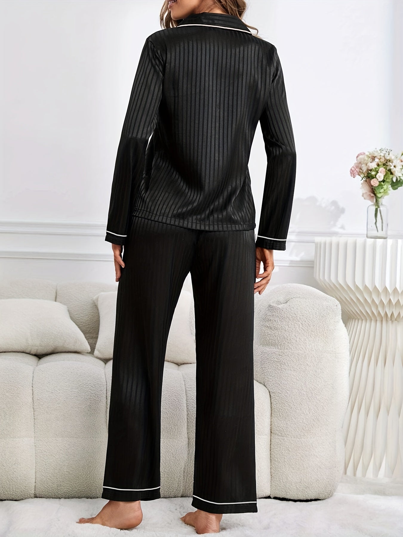 Striped Satin Pajama Set Long Sleeve Top & Pants Women's Sleepwear