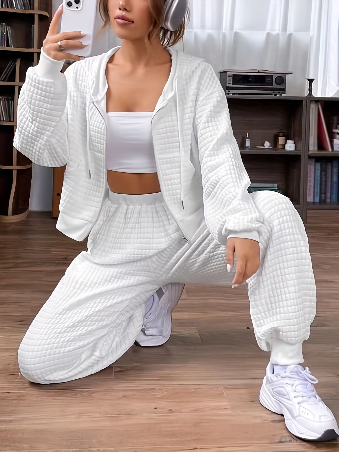 Popcorn Style Textured Two piece Set Zip Up Drawstring Hoodies Sweatshirt