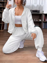 Popcorn Style Textured Two piece Set Zip Up Drawstring Hoodies Sweatshirt