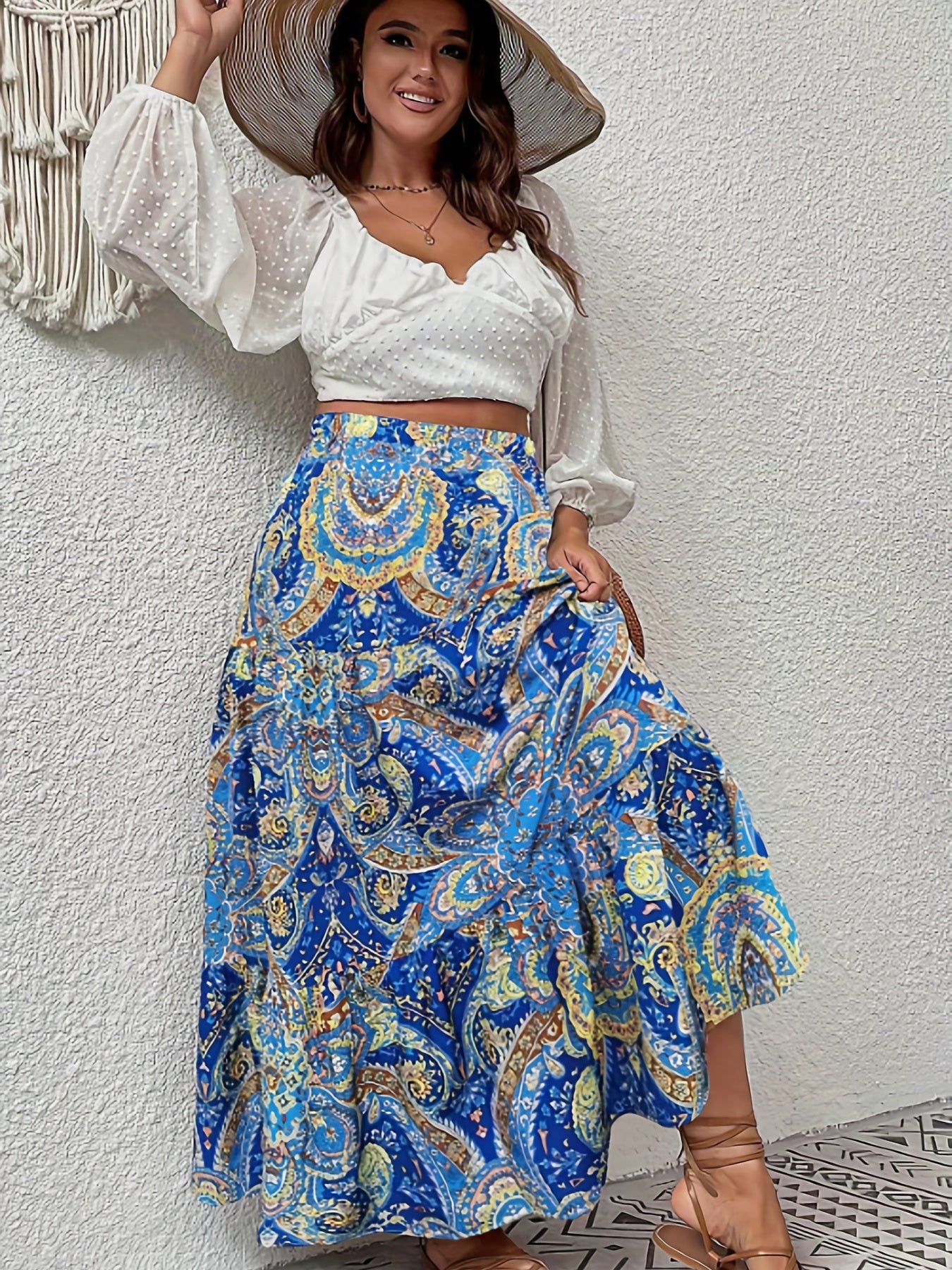 Boho Skirt Women's Plus Paisley Print High Rise A line Maxi Skirt