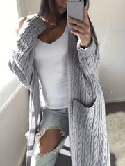 Solid Ribbed Long Sleeve Open Front Cardigan With Pockets