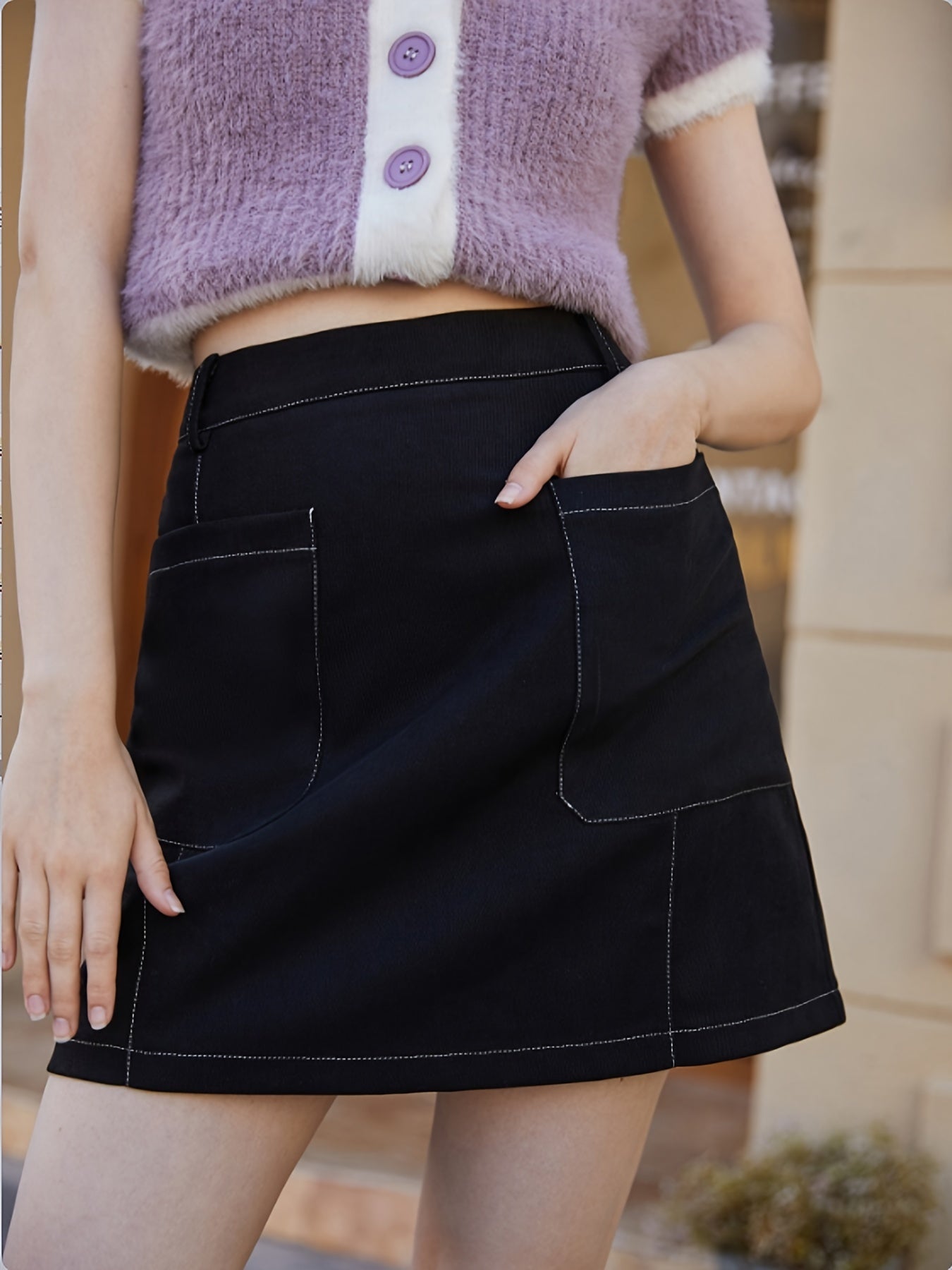Solid Dual Pockets Front Skirt for Spring & Summer