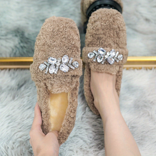 Women's Plush Lined Rhinestone Flats Square Toe Slip On Shoes