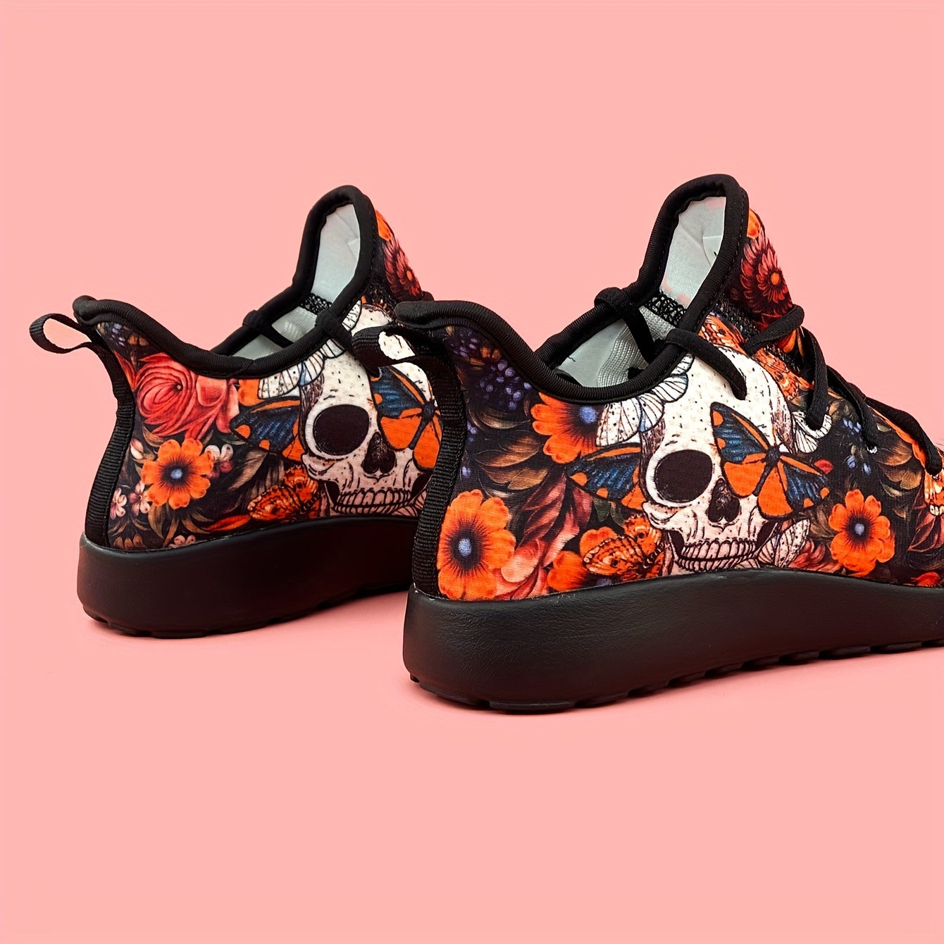 Women's Skull & Flowers Print Sneakers Lace Up Outdoor Shoes