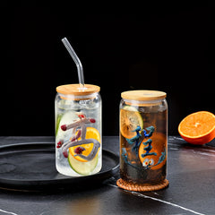 Chinese Character Pattern Glass Coffee Cup with Lid 500ml