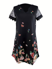 Women's Floral Print Lace Sleeve V Neck Dress