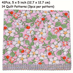 Pastoral Style Floral 42pcs Fabric Squares 5x5 Inches for Quilting and Crafts